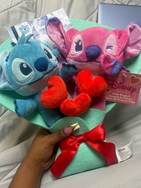 Disney Plush Bouquet with Blue Stitch & Pink Angel Stitch Holding Red Hearts